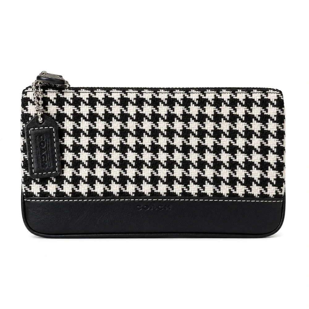 Coach Houndstooth Tweed Pouch Wristlet Black White Leather Trim Zip Y2K